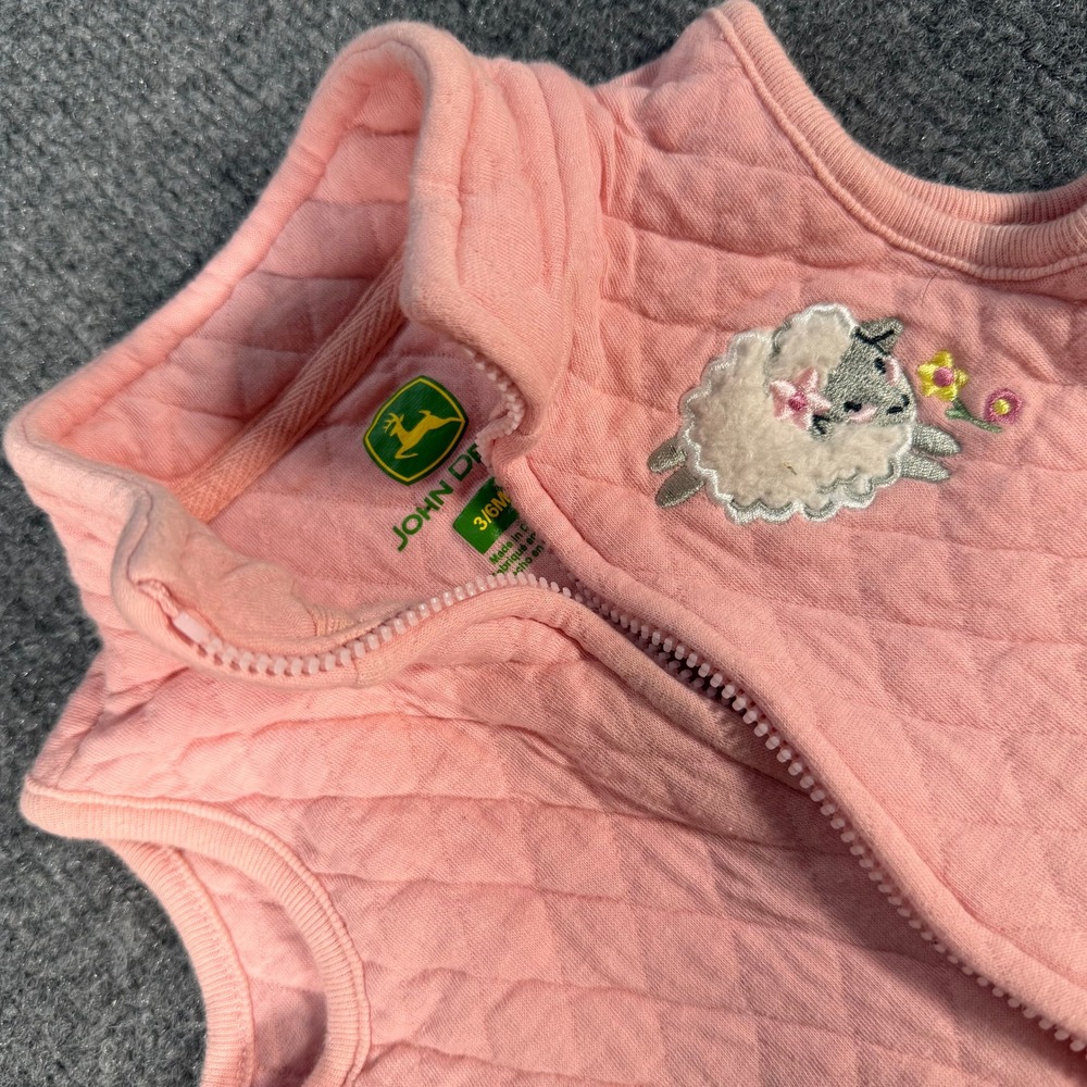 John Deere Pink Quilted Lamb Vest Infant Girls 3-6M Full Zip Sleeveless #4404